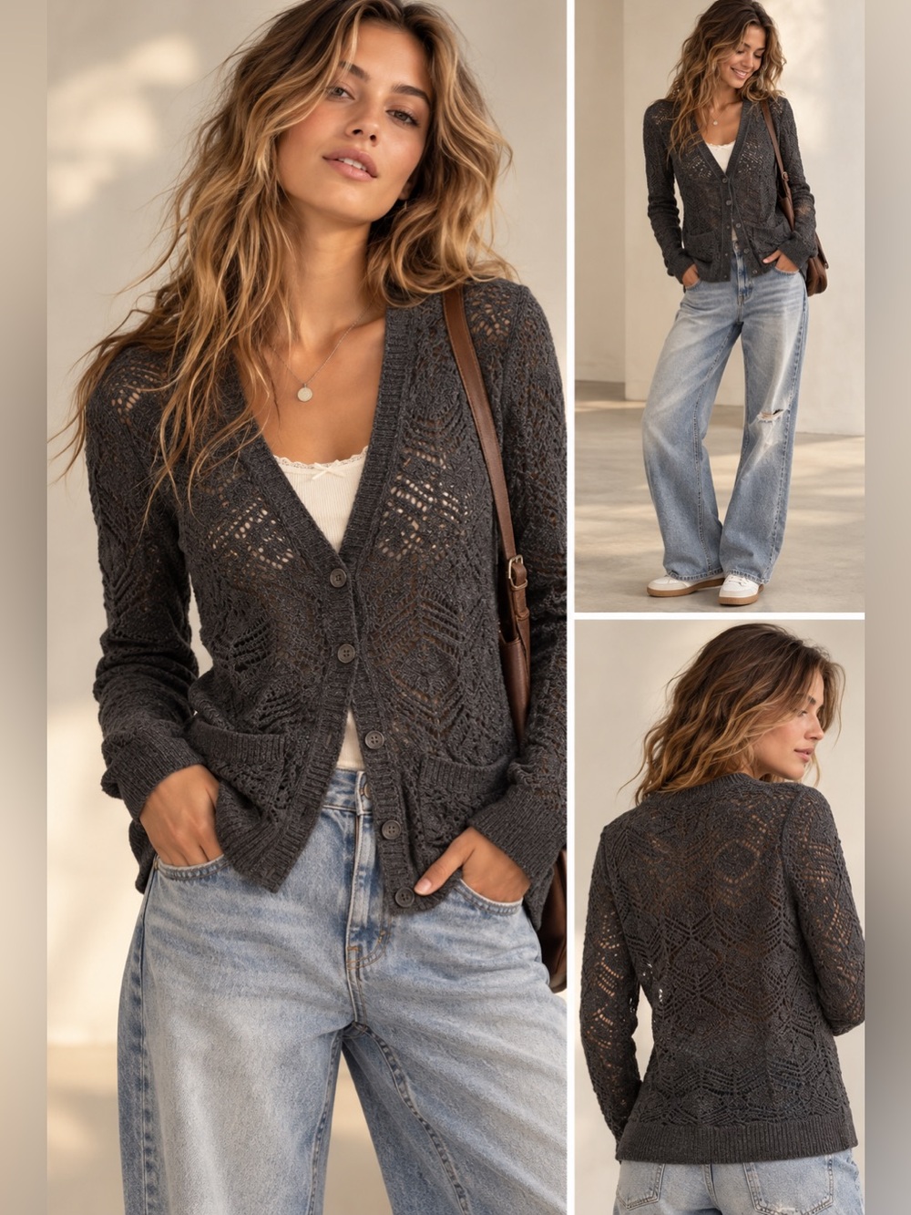 Aeropostale Cardigan Sweater Womens Petite S Gray Open-Knit Button Front